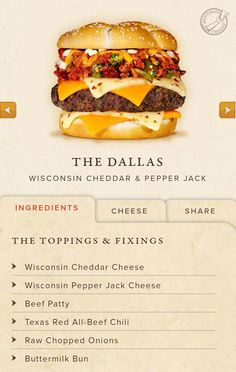 a menu for a cheeseburger with bacon, lettuce and other toppings