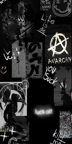 a collage of black and white images with the words anarchy on them