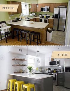 before and after photos of a kitchen remodel with yellow stools in the center