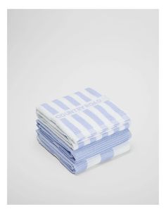 three blue and white towels stacked on top of each other in front of a white background