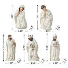 four figurines of jesus and mary holding a cat, with measurements for each one