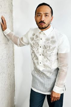 VINTA Gallery | Classic Pechera Barong (Exploded Tropico I) Formal Festive Embroidered Shirt, Festive Formal Embroidered Shirt, Elegant Embroidered Shirt For Festive Occasions, Elegant Festive Embroidered Shirt, Traditional Embroidered Shirt For Formal Occasions, Traditional Long Sleeve Wedding Shirt, Traditional Festive Shirt For Formal Occasions, Modern Barong, Filipiniana Wedding