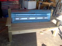 a bench made out of an old toolbox