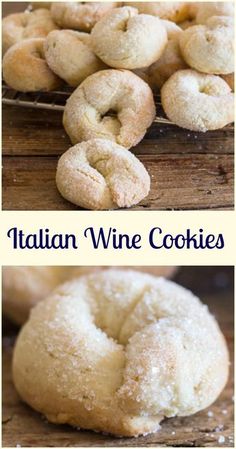 three different types of italian wine cookies on a wooden table with text overlaying the image