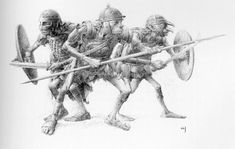 an image of three soldiers with spears and shields on their backs walking in opposite directions