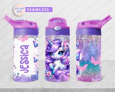 two water bottles with unicorns and butterflies on them, one is purple and the other has