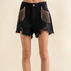 Brand New With Tags! These Distressed Denim Shorts Make A Stylish And Comfortable Addition To Any Wardrobe. Crafted With A Sophisticated Black Hue, The Frayed Detail And Rhinestone Accents Give These Shorts A Unique Look. The Fringed Hem Provides A Delicate Movement That Adds A Fashionable Touch. Distressed Frayed Detail Bottom With Front Fringe Rhinestone Pocket Denim Shorts 85% Cotton/15% Polyester Edgy Mid-rise Jean Shorts, Edgy Dark Wash Jeans For Night Out, Spring Cutoff Jean Shorts With Rhinestone Fringe, Casual Cutoff Shorts With Rhinestone Fringe, Edgy Denim Jean Shorts, Trendy Bottoms With Frayed Hem For Night Out, Chic Denim Jean Shorts For Night Out, Denim Cutoff Jean Shorts With Rhinestone Fringe, Cutoff Denim Jean Shorts With Rhinestone Fringe