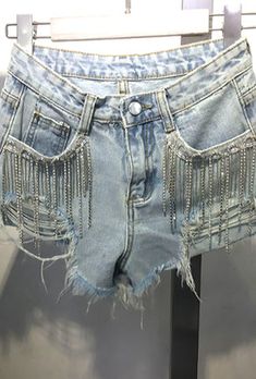 *Free Shipping - Arrival Dates Are Not Guarantee *Cotton/Spandex *Distressed Blue Wash / Rhinestone Fringe Pocket Details / Daisy Duke Denim Booty Shorts *Available In Vintage Blue Wash Only *Imported Product *Please Check Size Chart For A Better Result In Fit Diy Jean Shorts, Traje Cowgirl, Fringe Denim Shorts, Bling Denim, Azul Vintage, Daisy Duke, Rhinestone Jeans, Denim And Diamonds, Birthday Fits