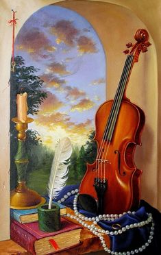 a painting of a violin, quill, feather and candle on a table with books