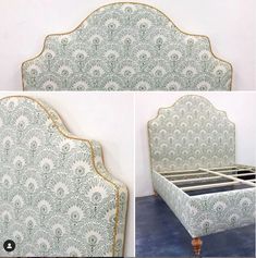 an upholstered bed frame with gold trimmings and green paisley print fabric