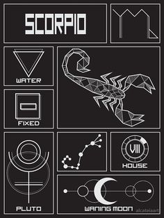 some type of black and white poster with different symbols