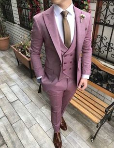 💗 Burgundy Premium Men's 3 Piece Suit for Wedding, Engagement, Prom Wear, Groom wear and Groomsmen Suits , Tuxedo For Men💗 🤵 Blazer Feature :-        Imported Terry Rayon Fabric        Color:- Dusty pink        Padded shoulder       Single -button, Single-breasted closure        Notch lapel        Flap pockets. 👖 Trouser Feature :-       Color:- Burgundy         Pleated       Slanted Side pockets        Zip Fly        Hook And button Closure        Belt Loop 🤵 Suit comes fully stitched, rea Purple Suit, Blazer Outfits Men, Slim Fit Suit Men, Pink Clothes, Dinner Suit, Mens Fashion Blazer, Designer Suits For Men, Stylish Mens Fashion