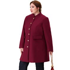 The Women's Plus Size Long Coat is a fashionable and functional winter outerwear option combining steampunk-inspired style and cozy warmth. The coat is exceptionally soft and comfortable, making it a perfect choice for chilly days. The versatile design of this coat allows you to pair it with a casual top or stylish blouse, making it suitable for various occasions and outfits. Red Stand Collar Outerwear With Buttons, Red Outerwear With Stand Collar And Button Closure, Burgundy Winter Outerwear With Buttons, Burgundy Single-breasted Winter Outerwear, Burgundy Outerwear With Button Closure For Fall, Burgundy Long Coat For Winter, Plus Size Elegant, Single Breasted Coat, Winter Outerwear