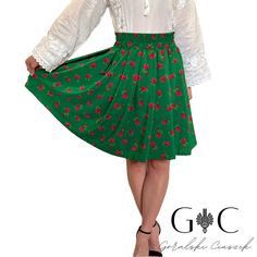 Welcome, We are Polish designers of clothing inspired by Slavic folklore. We create unique clothing, taking care of the highest quality of the materials. -The short highland skirt with a beautiful floral pattern all over that will make you look and feel great, -Ideally highlight the waist, thanks to the sewn-in elastic, which is additionally trimmed with the material from which the skirt is sewn, -The skirt is arranged with pleats, -Cute folk skirt made of durable non-marring material, -Compatib Fitted Folk Style Skirt, Green Flared Skirt With Floral Print, Traditional Full Gathered Skirt, Traditional Summer Pleated Skirt, Traditional Pleated Skirt For Spring, Traditional Flowy Skirt For Spring, Traditional Full Skirt For Spring, Traditional Flowy Spring Skirt, Traditional Full Skirt For Summer