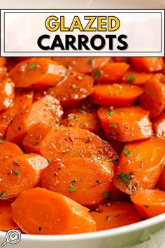 Close up photo of glazed carrots in a serving dish with recipe title block at the top. Side Dish Carrots, Easy Glazed Carrots, Crockpot Glazed Carrots, Carrot Side Dish, Thanksgiving Side Dishes Crockpot, Brown Sugar Carrots, Carrot Recipes Side Dishes, Sugar Carrots, Carrots Side Dish