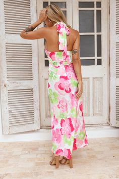 Length from shoulder to hem of size S: 140cm. Chest: 39cm, Waist: 35cm, size S. Maxi dress. Semi-lined. Pink, White, Green. Model is a standard XS and is wearing size XS. True to size. Non-stretch. Satin. Halterneck tie. Straight, flowy skirt. Zipper. Print placement may vary. Cold hand wash only. Polyester. For the lovers of colour! The Distant Now Satin Halter Maxi Dress features a halterneck tie with a straight, flowy skirt and vibrant hues. Style this dress with heels and curls for a 'fit we First Day Outfit, Skirt Zipper, Bridal Shower Dress, Halter Maxi Dress, Shower Dresses, Jumpsuits And Romper, Halter Maxi, The Lovers, Halter Maxi Dresses