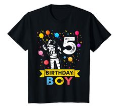 a black birthday shirt with the number five and an astronaut on it's chest