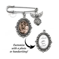 This personalized lapel pin serves as a loving tribute to a cherished memory. The silver Victorian oval pendant features a custom photo or your loved one's actual handwriting, making it a unique and heartfelt gift for a wedding, bride or groom. Let us bring your memories to life - simply send us your photo and we'll create a one-of-a-kind tribute for you.  Makes for a thoughtful gift for the bride or groom. Perfect for weddings, graduations, funerals or any special occasion. Craft a unique and p Wedding Bouquet Charms, Personalized Memorial Gifts, Bouquet Charms, Angel Charm, Wedding Brooch, Memorial Jewelry, Handmade Business, Oval Pendant, Heartfelt Gifts