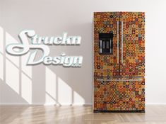 a colorful refrigerator with the words stuck in design on it's front and side