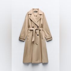 Zara Trench Coat - Beige - Size Medium New With Tags Light Beige Trench Coat, Chic Brown Gabardine Outerwear, Beige Gabardine Long Coat, Chic Beige Gabardine Outerwear, Zara Classic Khaki Outerwear, Zara Classic Beige Outerwear, Classic Zara Khaki Outerwear, Classic Khaki Zara Outerwear, Brown Gabardine Outerwear