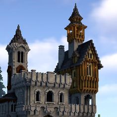 a large building with two towers and a clock on the top is made out of bricks