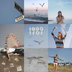 the collage shows images of people and birds in new york, including an old ferris wheel