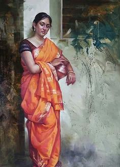 a painting of a woman in an orange sari standing next to a building with her hands on her hips