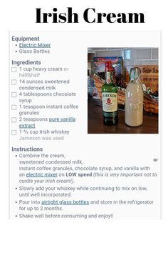 a recipe for irish cream is shown in this image