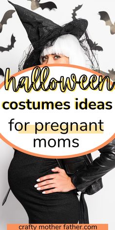 a woman wearing a witches costume with bats around her head and the words halloween costumes ideas for pregnant moms