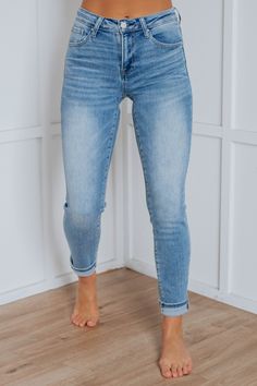 Details: Anna Risen Jeans  Mid-Rise Great Stretch No Distressing Relaxed Skinny Fit Fading/Whiskering Zip Fly With Button Closure Raw Edge Hems Medium Wash Denim Available in sizes 0-3XL Rise: 9.5" Inseam: 29.5" Material: 91% Cotton, 6% Polyester, and 3% Spandex We are recommending true to size for most comfort! 1XL - Risen Jeans, Denim Jeans For Women, Comfy Sandals, Stylish Sandals, Stylish Boots, Curvy Jeans, Mommy Life, Comfortable Flats, Women Outfits