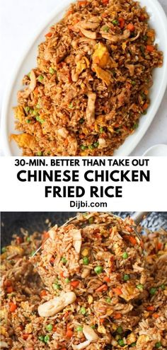 chicken fried rice in a white bowl with the words, 30 min better than take out chinese