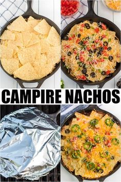 four different types of campfire nachos in cast iron skillets with text overlay