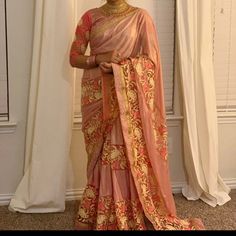 Women Indian Designer Sari Come With Blouse. One Time Used And No Damage. Really Gorgeous And Full Embroidered Work. Blouse Bust Size 34 Pakistani Saree, Designer Sari, Indian Designer, Work Blouse, Indian Design, Pink Gold, Pink And Gold, Saree, Pink