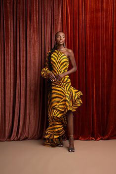 IFE One-sleeve Ruffle African Print Hi-low Dress Infinity Top, African Print Maxi Dress, Traditional Wedding Decor, Infinity Dress, Hi Low Dresses, Ankara Fabric, Pocket Pattern, African Fashion Dresses, Fitted Skirt