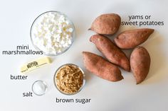 ingredients for sweet potato soup laid out on a white surface with words describing the ingredients