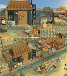 an animated image of a town with lots of buildings and animals on the street,