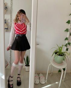 Lovecore Aesthetic Outfit, Pleated Skirt And Sweater, Heart Vest, Kawaii Outfit Ideas, Kawaii Outfit, Skirt Sweater, Knitted Crop Top, Aesthetic Outfit Ideas, Funky Outfits