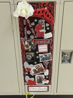 a locker with pictures and magnets attached to the doors, along with a flower