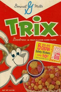 an old cereal box with a cartoon bunny holding a bowl of cereal in front of it