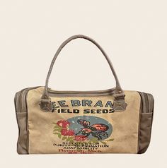 "Bee Brand Field Seeds Duffle/Travel Bag American Glory are meticulously handcrafted Handbags & Accessories, inspired by history... vintage posters, advertisements and burlap sack designs are nostalgic and gives a connection to America's past. Travel in style... this travel bags artwork replicates an old seed sack Plymouth, MI. Before you set off on your own adventures remove straps to carry bag by the leather handles, or keep them on to sling it across your shoulder as a cross-body. Plenty of r Retro Canvas Bag With Zipper Closure, Vintage Brown Large Capacity Shoulder Bag, Vintage Beige Bag With Zipper Closure, Vintage Canvas Travel Bag For Daily Use, Large Capacity Retro Beige Canvas Bag, Retro Beige Canvas Travel Bag, Vintage Canvas Travel Bag For Everyday Use, Vintage Large Capacity Duffle Bag, Vintage Large Capacity Beige Bag