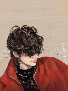 a drawing of a man with curly hair wearing a red jacket and black turtle neck sweater