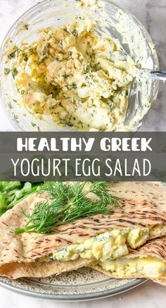 healthy greek yogurt egg salad recipe on a plate with the title overlay