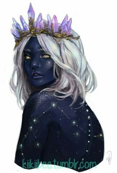 a drawing of a woman with white hair and blue skin wearing a crown of stars