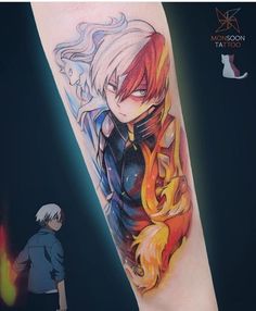 a person with a tattoo on their arm next to a fire hydrant and an anime character