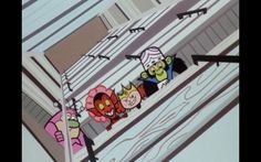 cartoon characters standing in front of a building