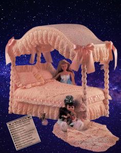 Vintage PDF format. Barbie doll bed and accessories patterns with English tutorials PDF format Free delivery by mail or download in Etsy box Crochet Canopy, Crochet Furniture, Vintage Crochet Pattern, Crochet Vintage, Doll Bed, Canopy Bed, Barbie Furniture, Doll Stuff, Collector Dolls