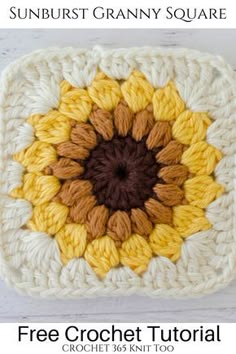 the sunflower granny square is crocheted in yellow, brown and white yarn