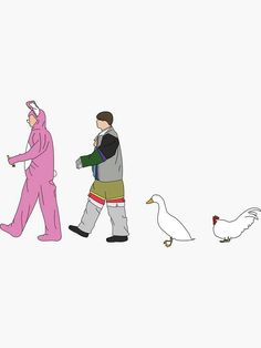 a man in a pink suit walking next to chickens