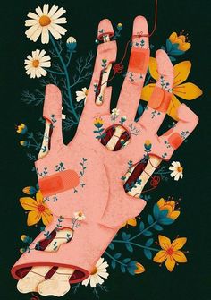 an illustration of a hand with flowers on it