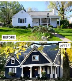 before and after pictures of a blue house with white trim on the front, side and top windows